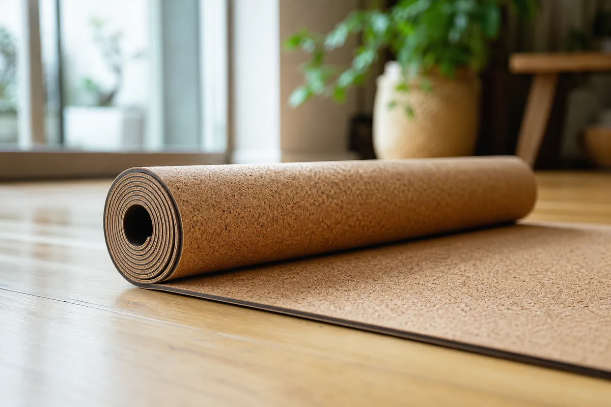 Tapis de yoga en caoutchouc naturel déroulé dans un salon lumineux, prêt pour une séance à domicile