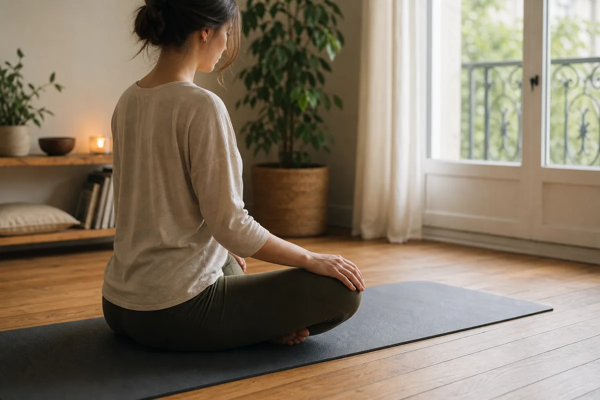 Personne assise en tailleur pratiquant un exercice de respiration lente, mains sur les genoux