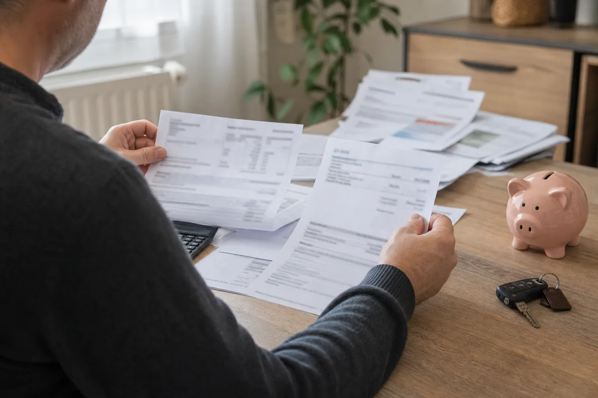 Personne calculant le coût mensuel de sa voiture avec factures et clés sur un bureau