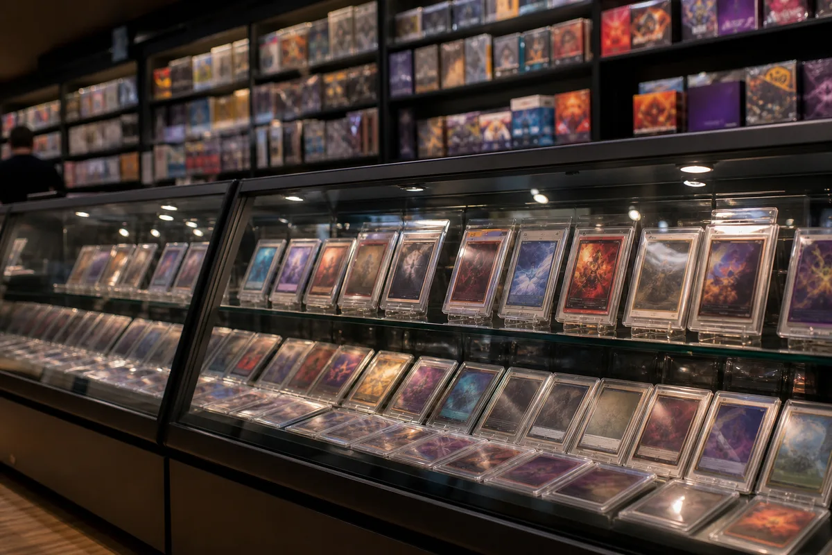Vitrine d&rsquo;une boutique de cartes à collectionner avec présentoirs éclairés