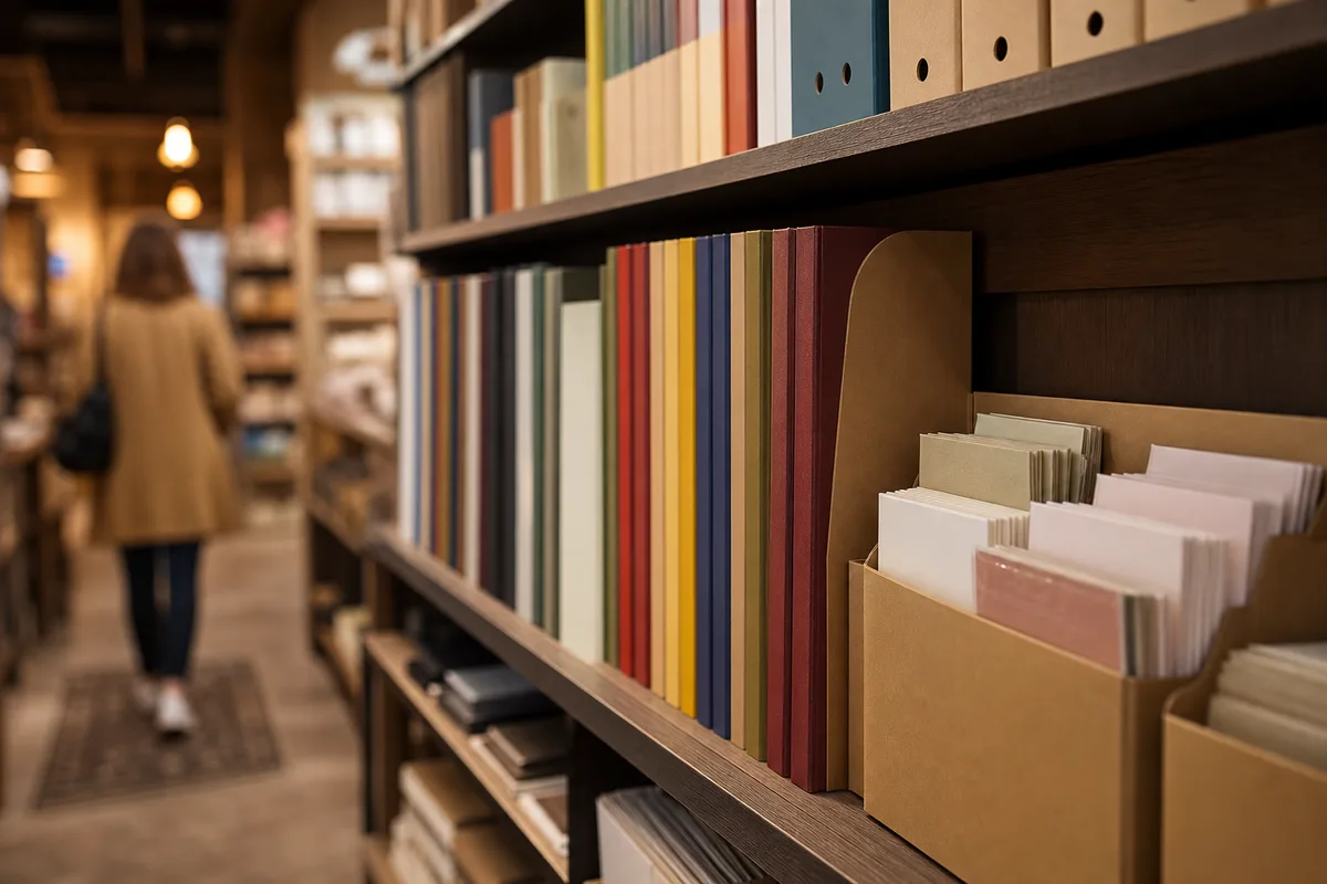 Rangée de classeurs et boîtes de rangement de cartes dans une boutique spécialisée