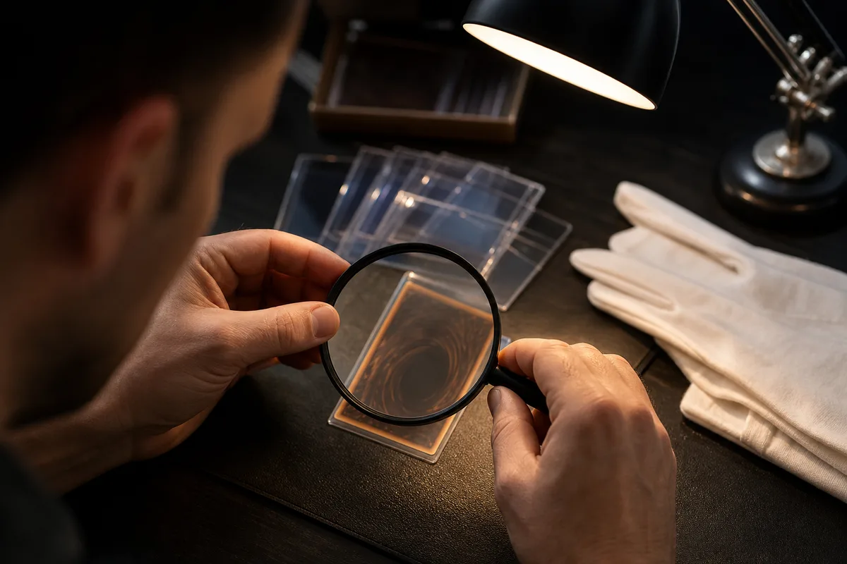 Personne examinant une carte à collectionner à la loupe sous une lampe de bureau