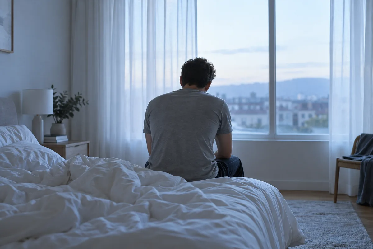 Homme vu de dos assis au bord d&rsquo;un lit défait dans la lumière bleutée du petit matin