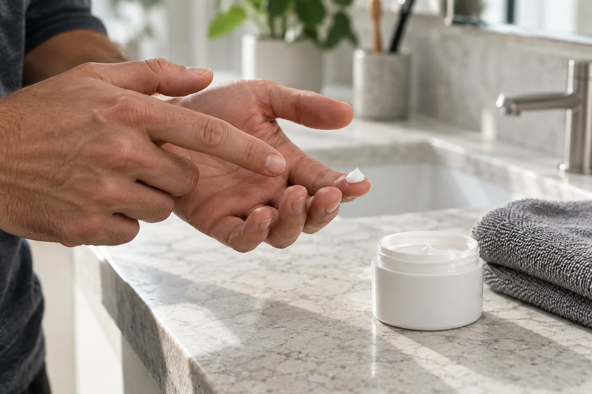 Mains d&rsquo;un homme qui prélèvent une noisette de soin contour des yeux