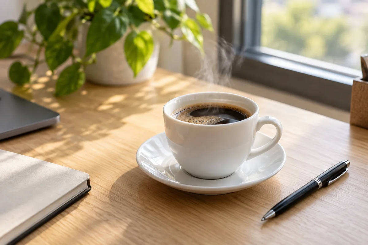Tasse de café fumante et stylo noir sur un bureau de bois clair, près d&rsquo;une fenêtre