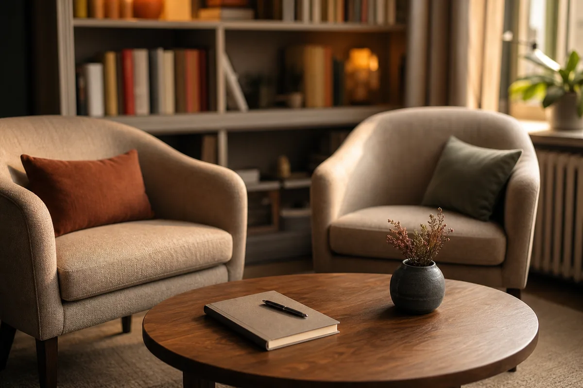 Cabinet de psychologue feutré avec deux fauteuils face à face et un carnet posé sur une table basse