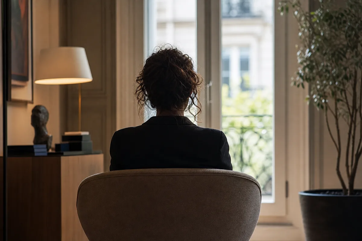 Homme vu de dos assis dans un fauteuil lors d’une consultation, ambiance apaisante et lumière douce