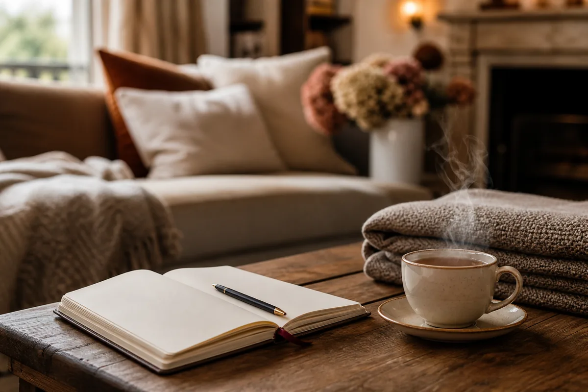 Carnet ouvert et tasse de thé sur une table basse dans un salon calme et chaleureux