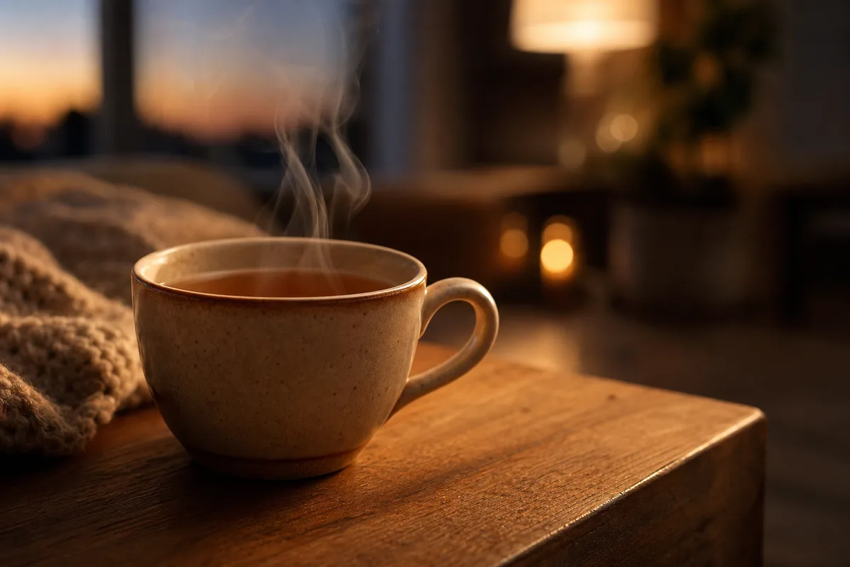 Tasse de tisane fumante posée sur une table basse dans une pièce à la lumière tamisée du soir