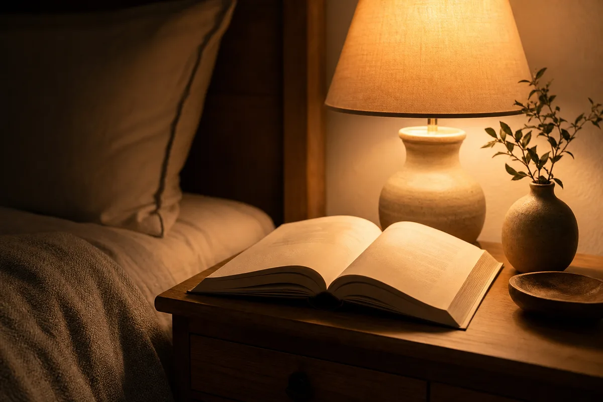 Livre ouvert posé sur une table de nuit à côté d’une lampe à la lumière douce
