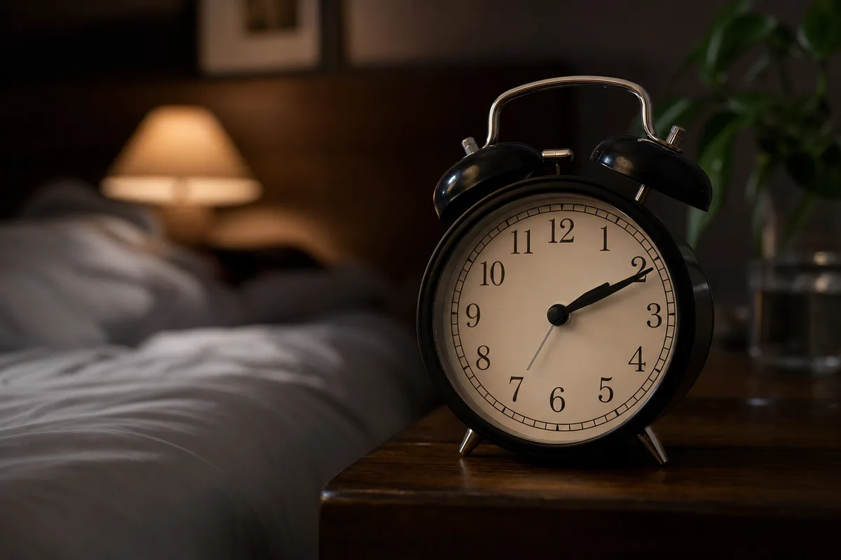 Réveil analogique posé sur une table de nuit dans la pénombre d’une chambre
