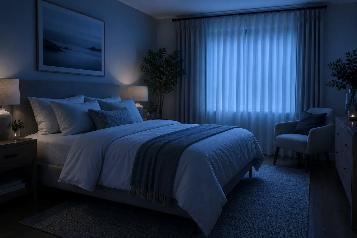 Chambre paisible baignée d’une lumière nocturne douce, ambiance propice au sommeil
