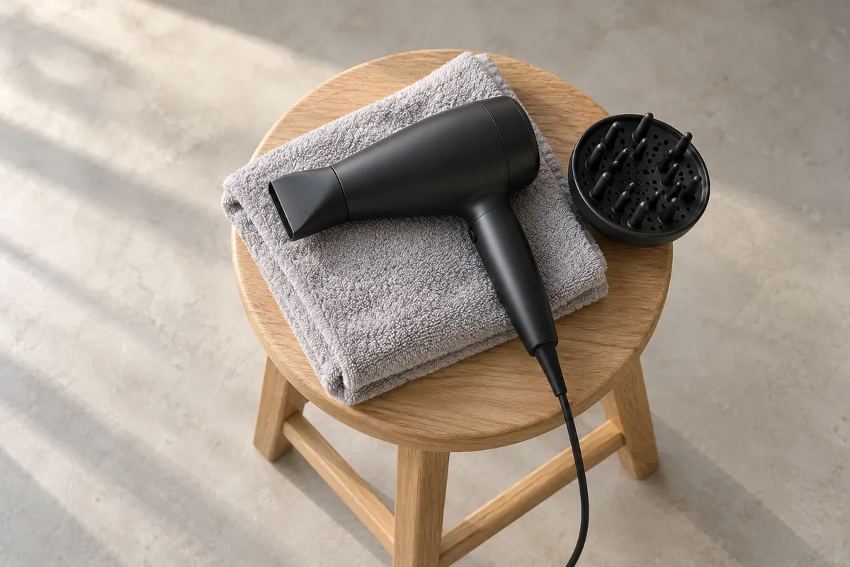 Sèche-cheveux noir mat et son diffuseur posés sur une serviette grise pliée