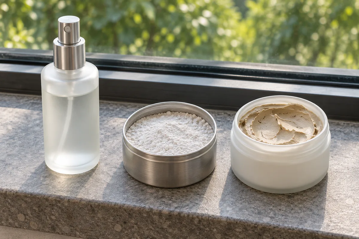Vaporisateur de spray salin, boîte de poudre texturisante et pot d&rsquo;argile sur un rebord de fenêtre