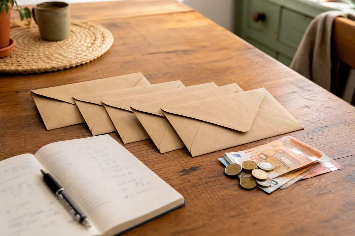Enveloppes budgétaires étiquetées pour répartir un budget mensuel par poste