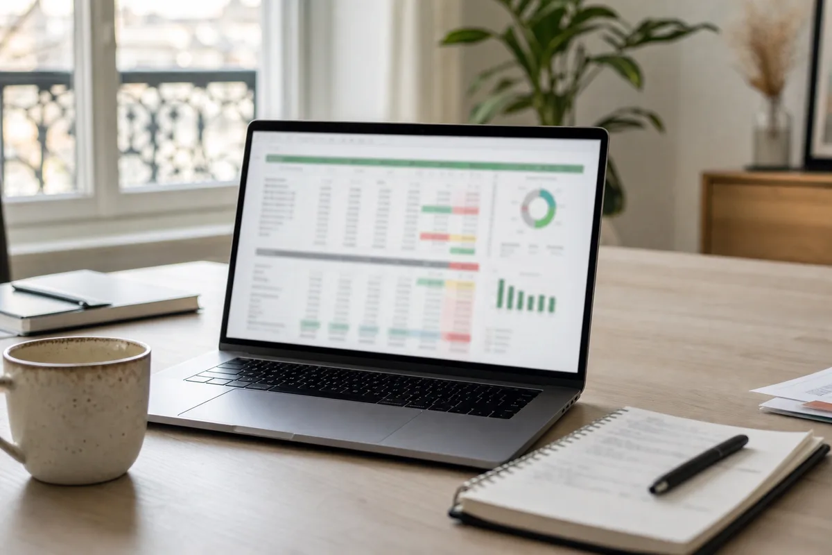 Ordinateur portable affichant un tableur de suivi de budget mensuel sur un bureau lumineux