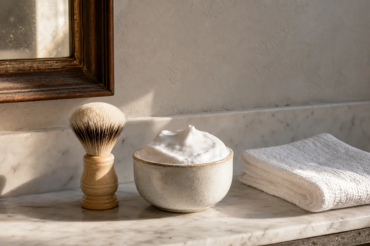 Gant de toilette blanc plié et bol de mousse à raser sur une étagère de salle de bain