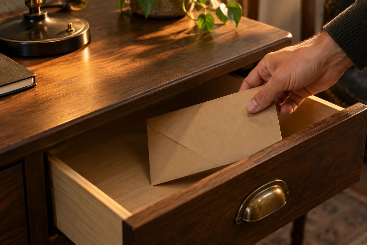 Main posant une enveloppe kraft fermée dans le tiroir d’un bureau en bois éclairé par une lampe