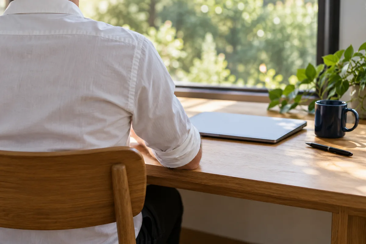 Vu de dos, un buste masculin en chemise blanche assis à un bureau près d’une fenêtre, ordinateur portable refermé devant lui