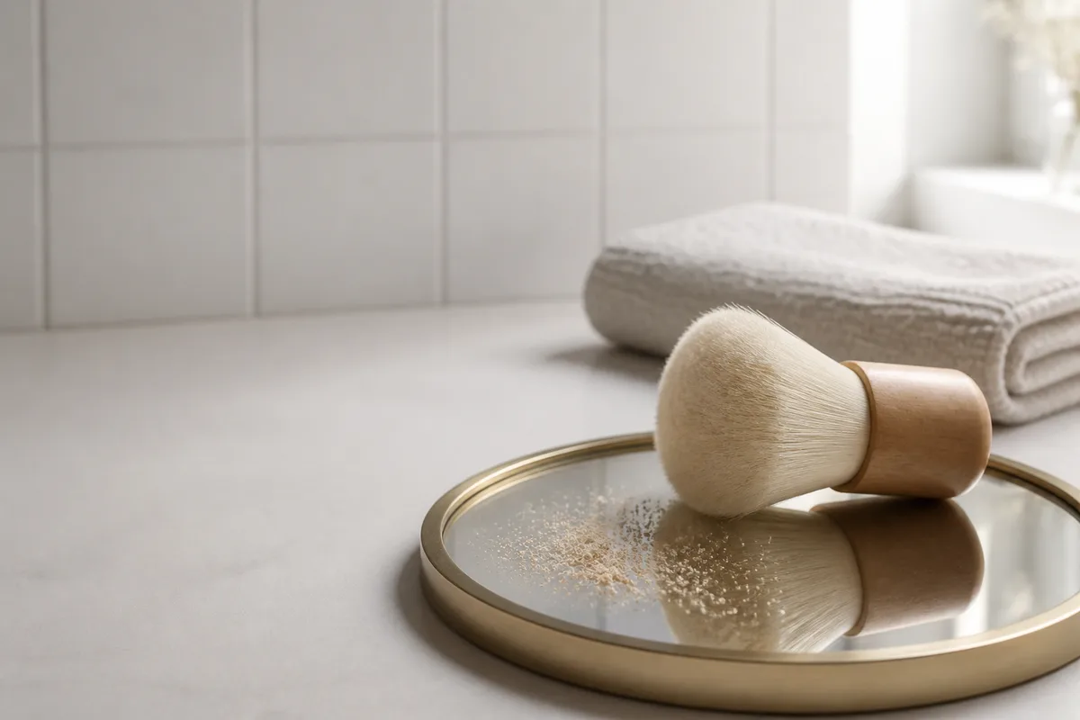Pinceau kabuki à poils denses appuyé sur un miroir rond, atmosphère de salle de bain naturelle