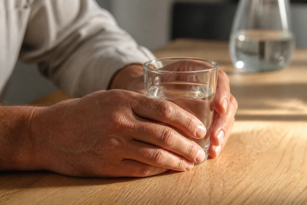 Mains d&rsquo;un homme tenant un verre d&rsquo;eau posé sur une table en bois clair