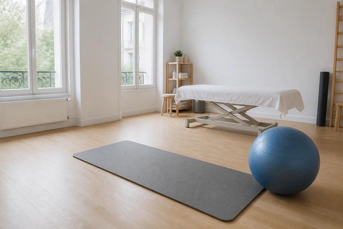 Salle de kinésithérapie sobre et lumineuse avec tapis de sol déroulé et ballon de gainage
