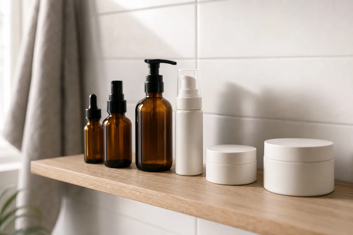 Flacons de soins visage alignés dans l’ordre d’application sur une étagère de salle de bain