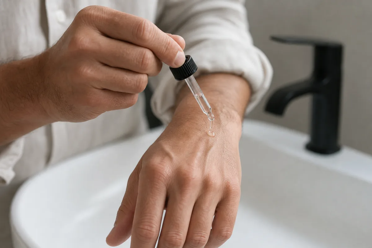 Main d’homme déposant une goutte de sérum sur le dos de la main près d’un lavabo