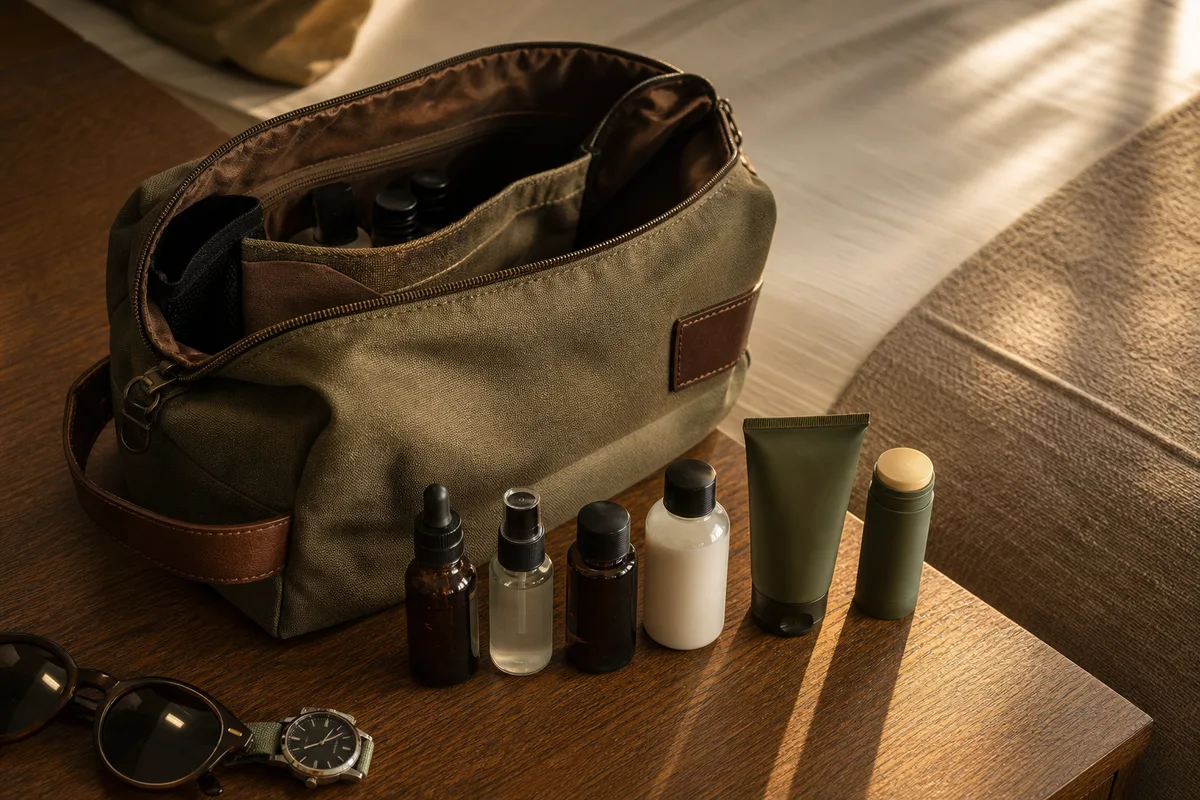 Trousse de toilette masculine ouverte avec produits de soin classés par texture
