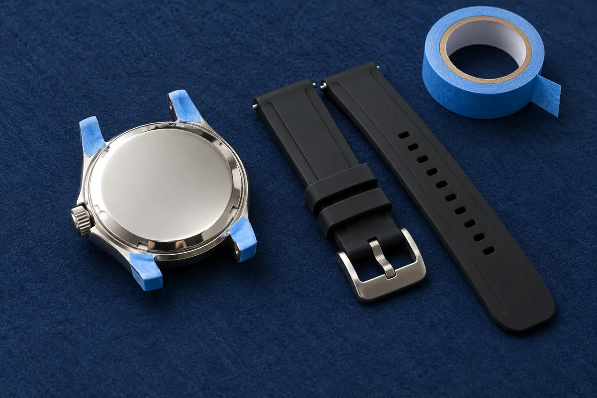Boîtier de montre retourné aux cornes protégées par du ruban de masquage avant un changement de bracelet
