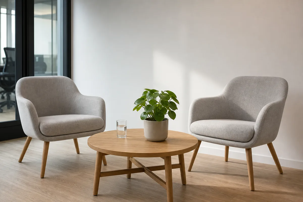 Salle d’attente sobre d’un bureau français avant un entretien de recrutement