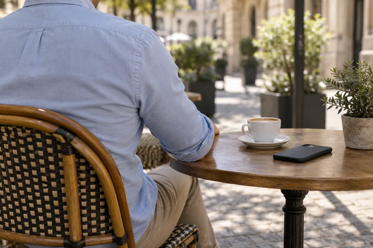 Homme vu de dos en chemise bleu ciel à une terrasse, téléphone retourné sur la table