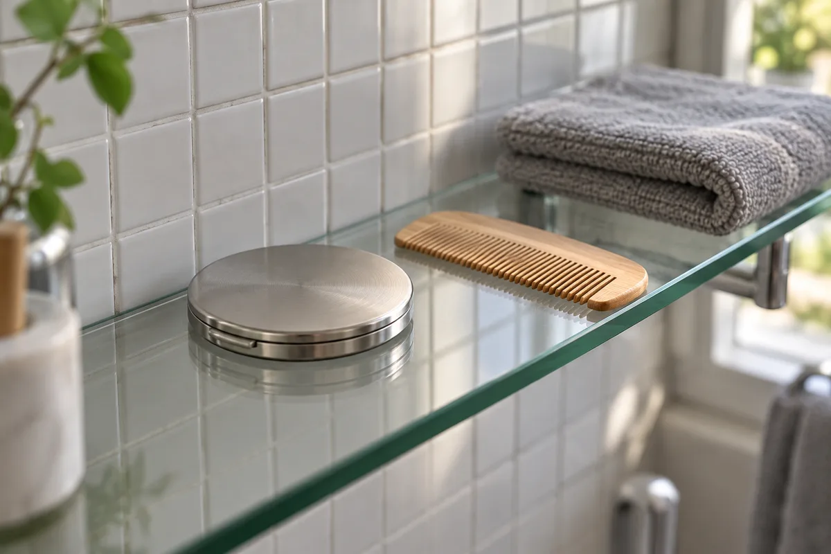 Miroir de poche fermé et peigne en bois sur une étagère de salle de bains carrelée