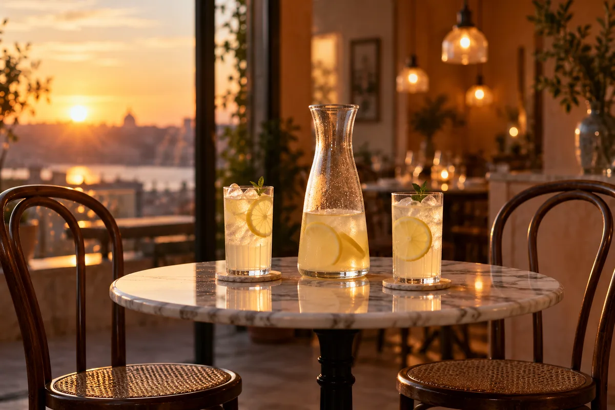 Deux verres de limonade et une carafe sur une table de bistrot en fin de journée