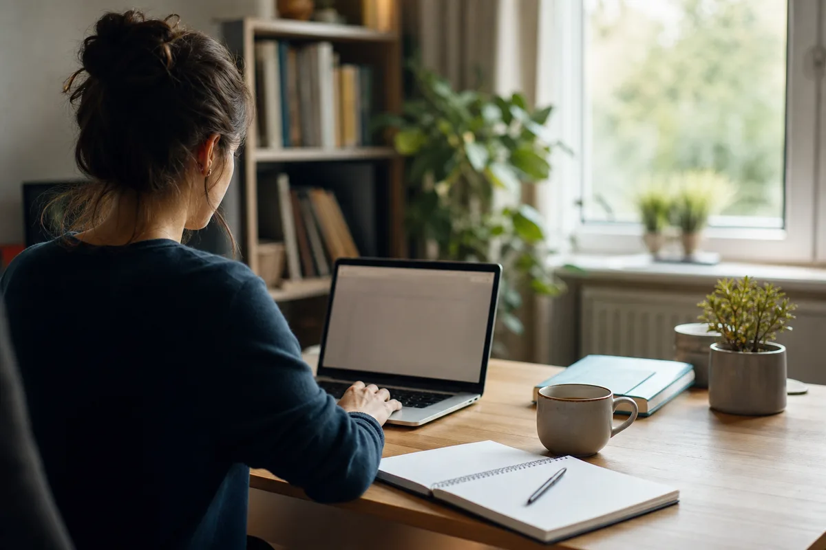 Personne en formation professionnelle qui prend des notes devant un ordinateur portable