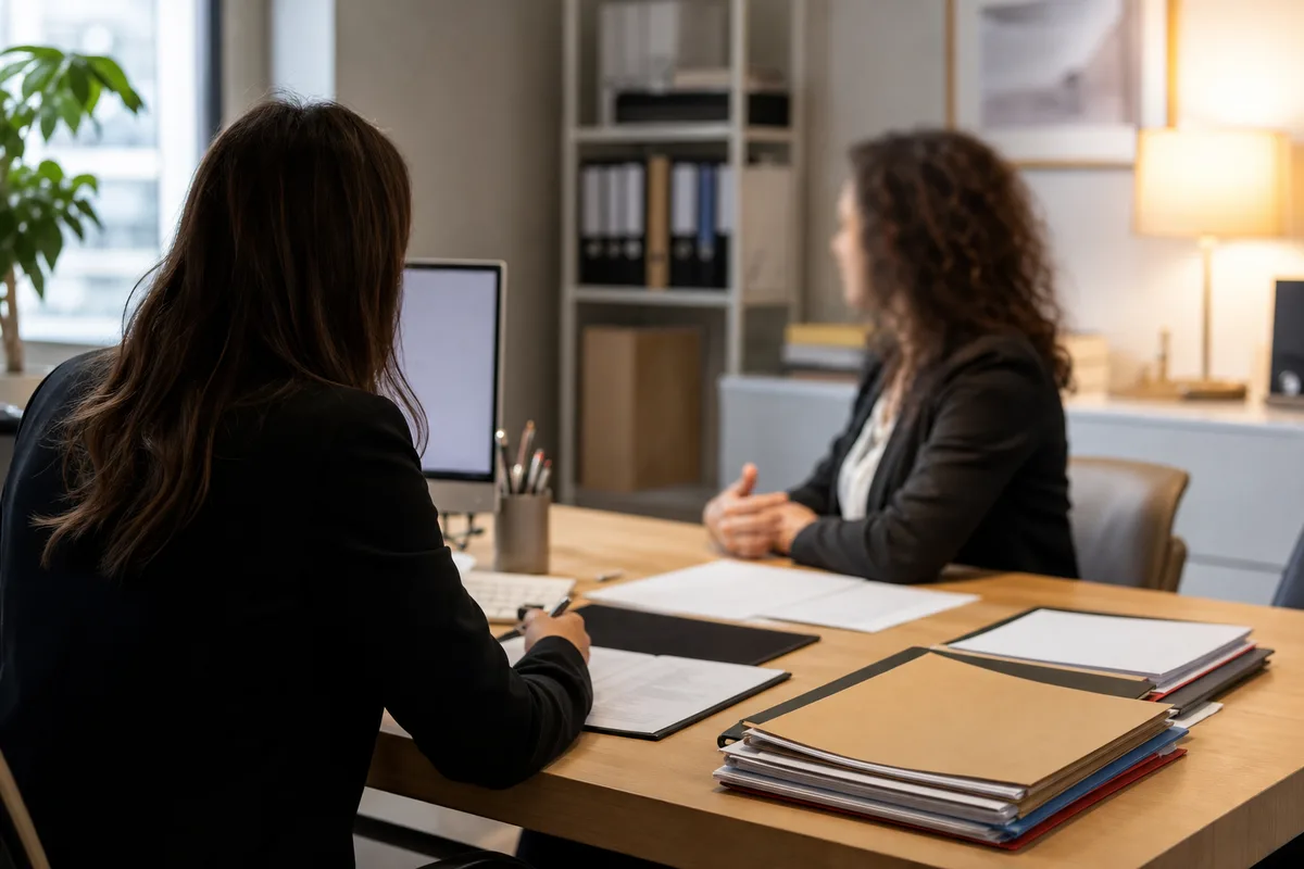 Bureau de conseiller en évolution professionnelle avec dossiers et ordinateur
