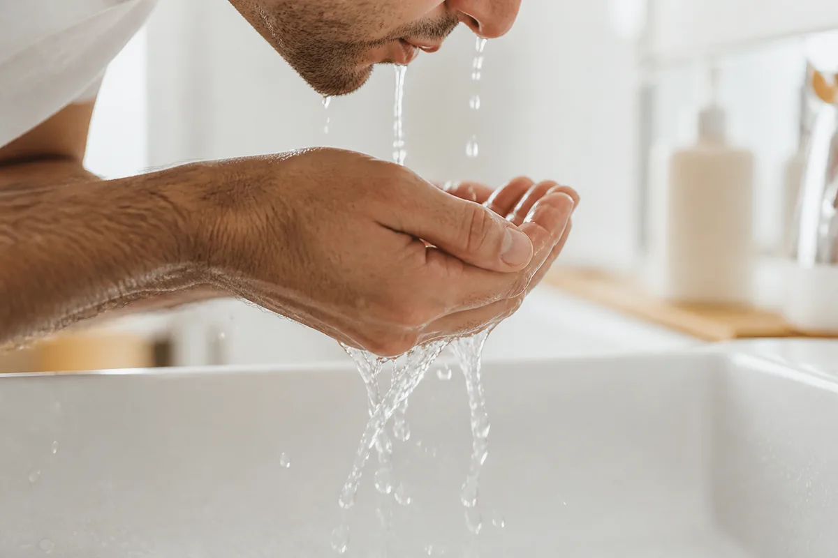 Mains masculines qui se rincent le visage à l&rsquo;eau tiède au-dessus d&rsquo;un lavabo blanc