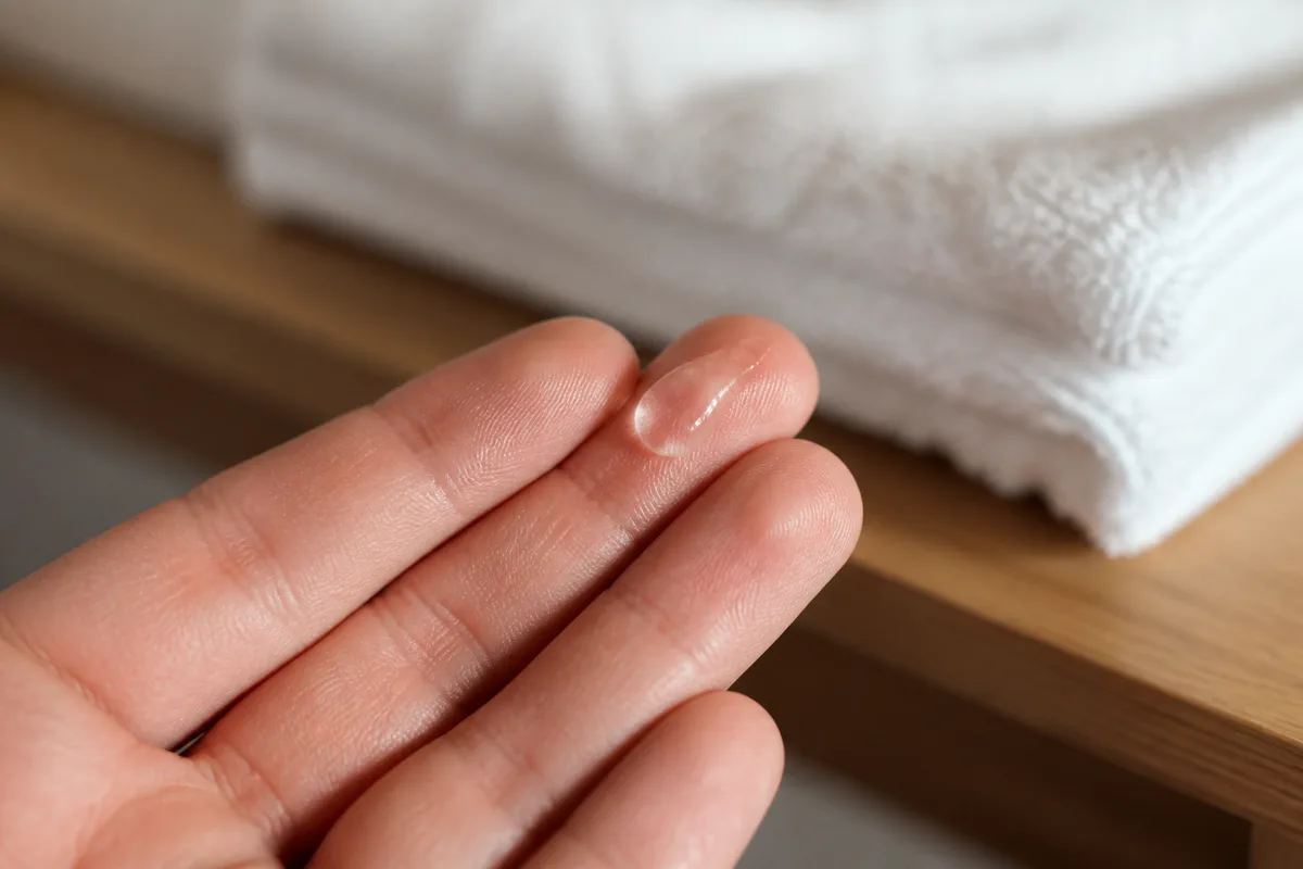 Gel nettoyant translucide déposé sur le bout des doigts d&rsquo;une main masculine