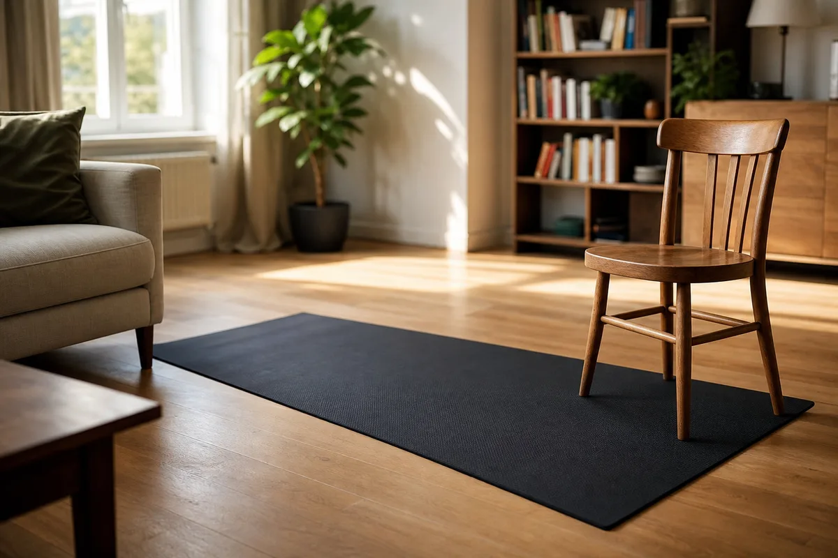 Tapis de sport déroulé dans un salon lumineux, prêt pour une séance de musculation au poids du corps