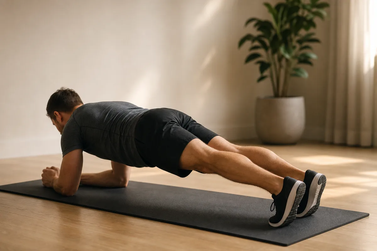 Homme en position de gainage sur avant-bras sur un tapis dans un intérieur épuré