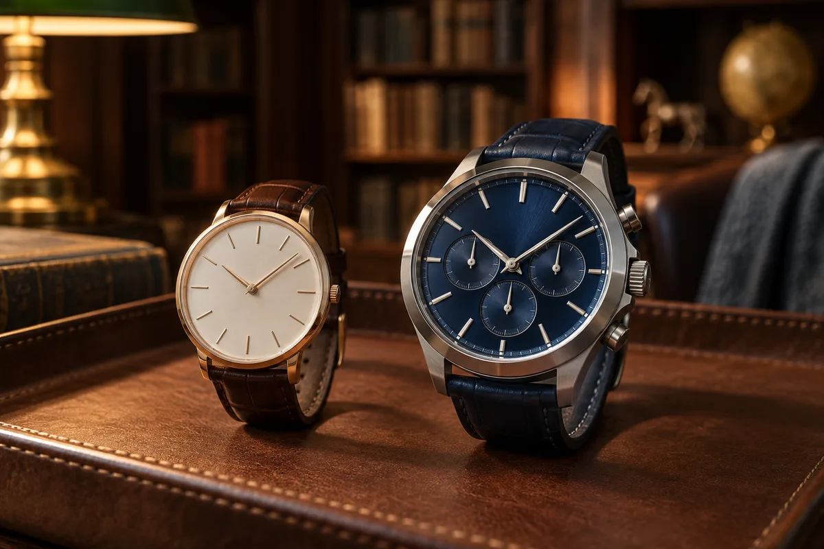 Deux montres côte à côte sur un plateau en cuir brun, cadran clair épuré et cadran bleu nuit plus imposant
