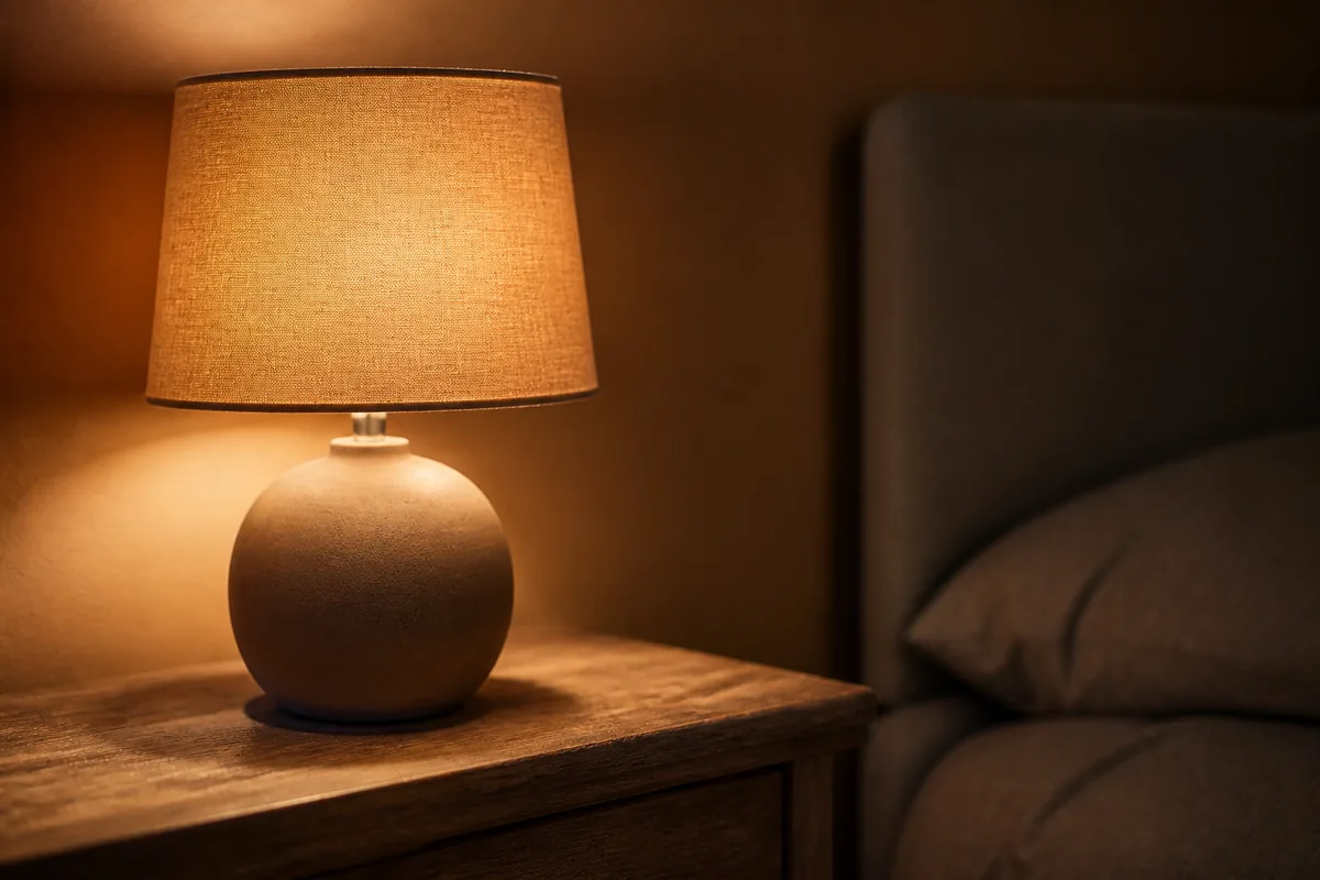 Chambre plongée dans la pénombre avec une lampe de chevet à lumière chaude posée sur une table en bois