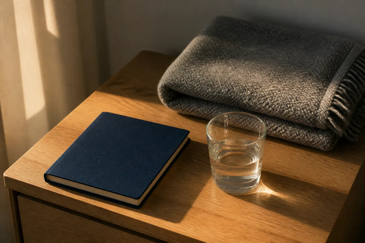 Table de nuit en bois clair avec un carnet fermé, un verre d’eau et un plaid en laine plié