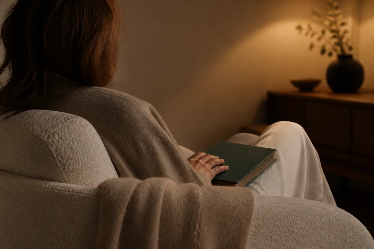 Personne assise dans un fauteuil en tissu écru, un livre à couverture toilée posé sur les genoux, lumière tamisée en fin de soirée