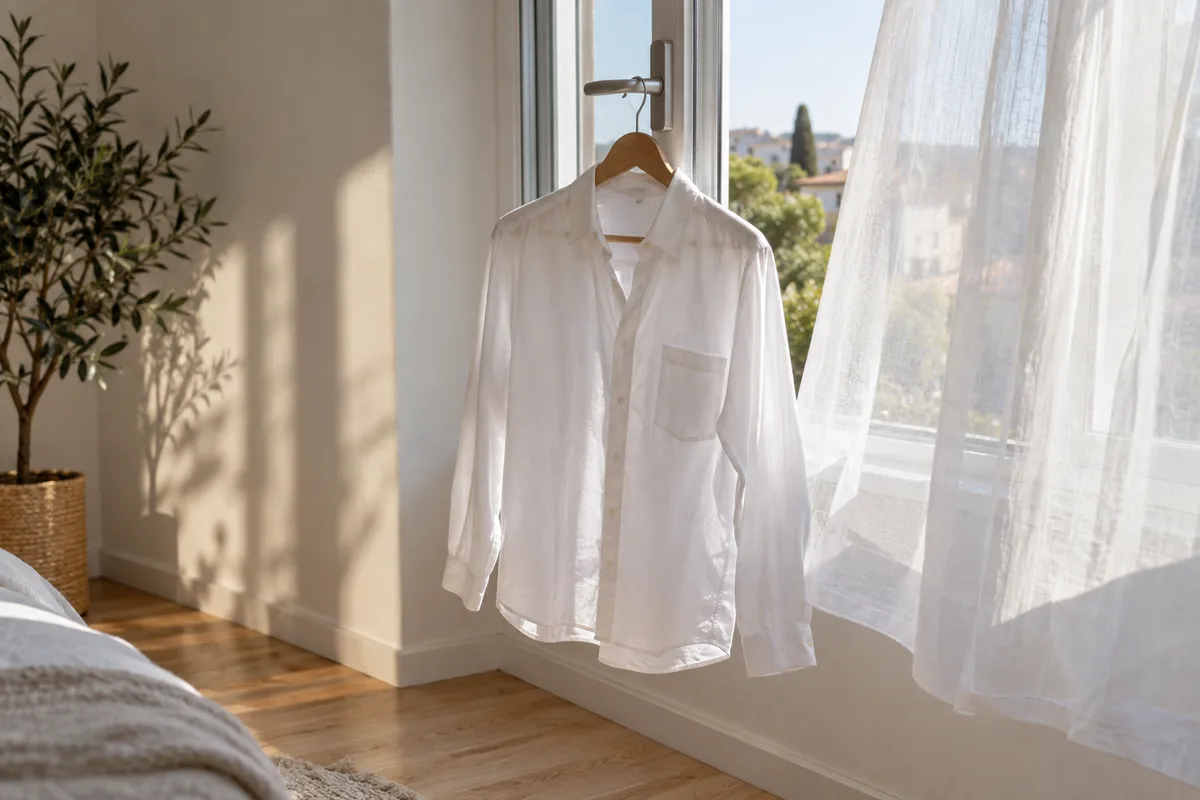 Chemise en coton blanc suspendue sur un cintre en bois près d&rsquo;une fenêtre ouverte, lumière du matin