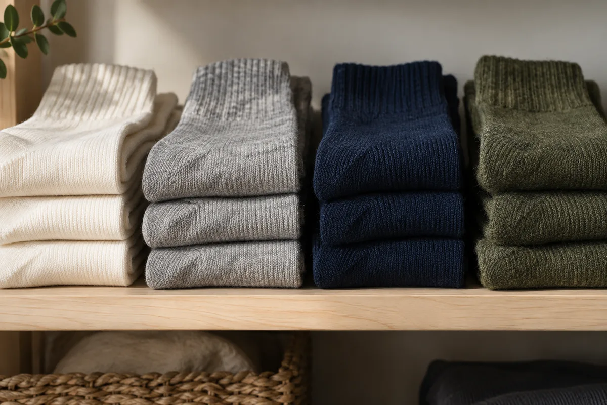 Rangée de chaussettes en coton et en laine pliées sur une étagère en bois clair