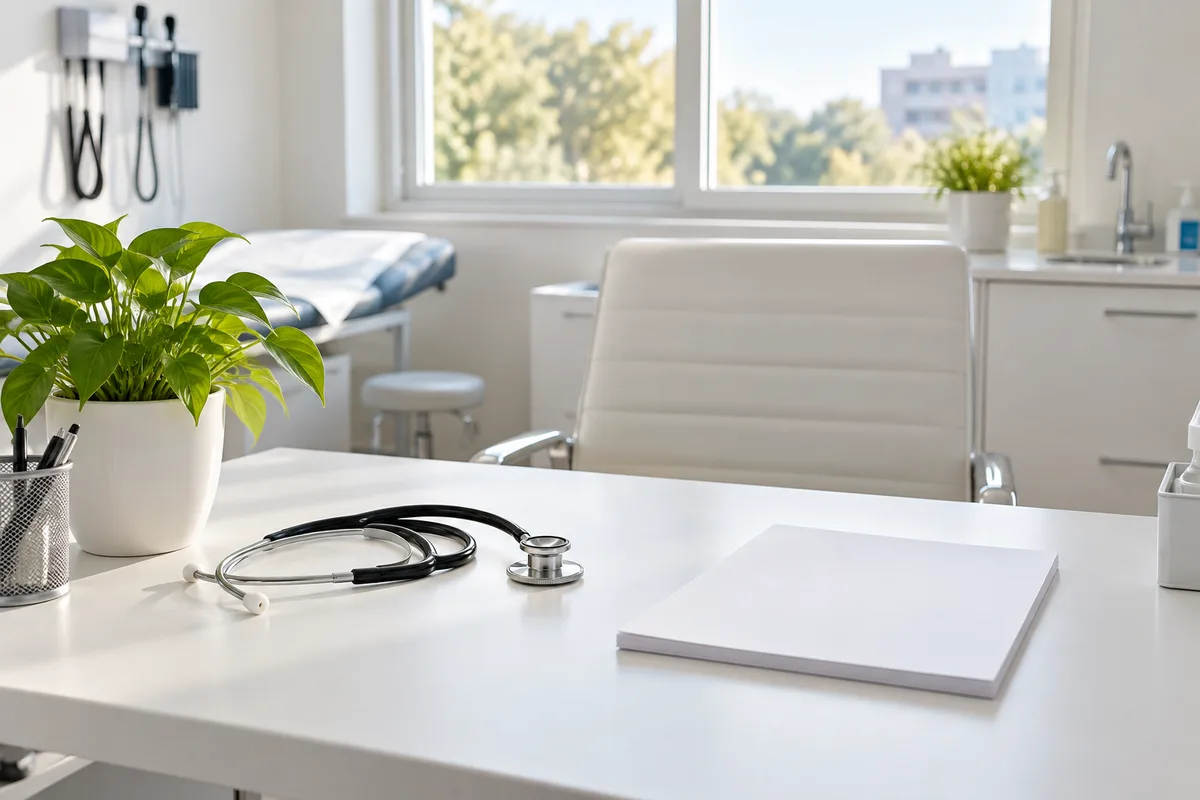 Bureau de cabinet médical lumineux avec un stéthoscope posé près d&rsquo;une plante verte
