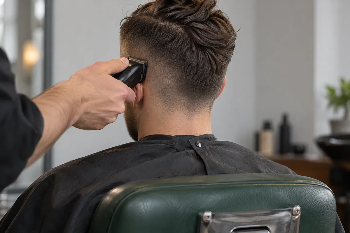 Tondeuse qui remonte sur le côté rasé d’un undercut, homme vu de dos au salon