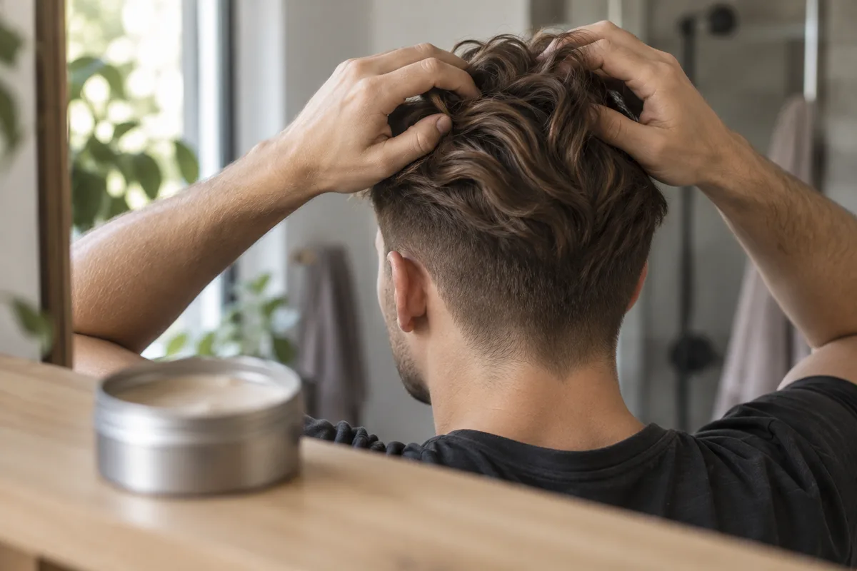 Mains qui répartissent une noisette de cire dans le dessus long des cheveux