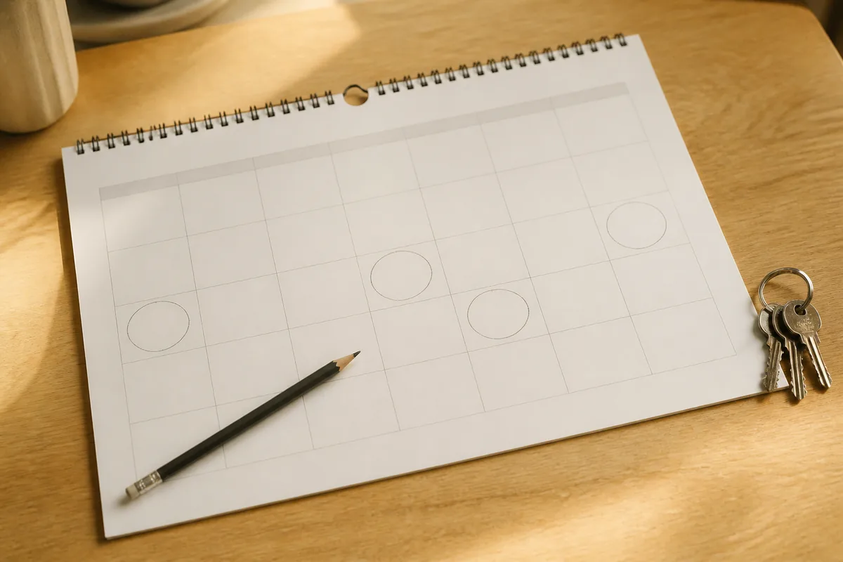 Calendrier mural annoté au crayon posé près d’un trousseau de clés sur une table en bois